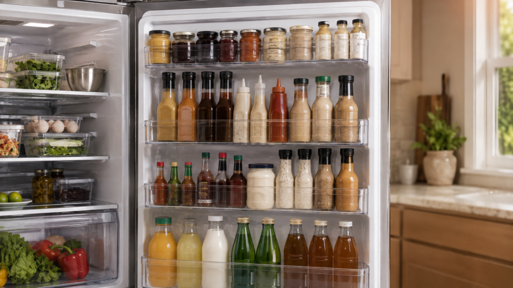 organized refrigerator door with grouped condiments and drinks