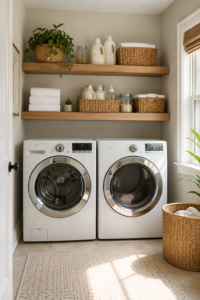 small laundry room with washer dryer and folding countertop