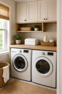 organized small laundry room with woven laundry baskets