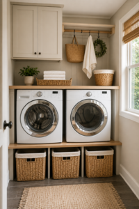 small laundry room organization with matching storage baskets