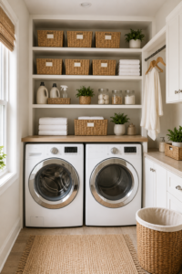 organized laundry supply station with detergent and storage basket