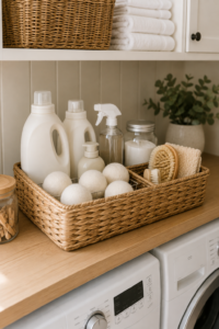 small laundry room with narrow storage shelf beside washer and dryer