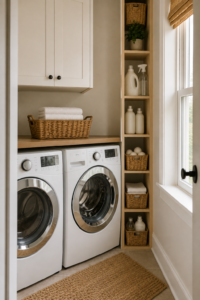 small laundry room command center with hooks and hanging rod