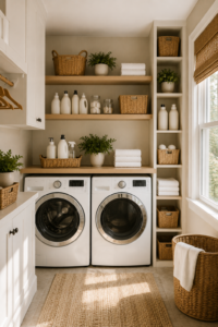 small laundry room organization ideas with washer dryer and storage shelves