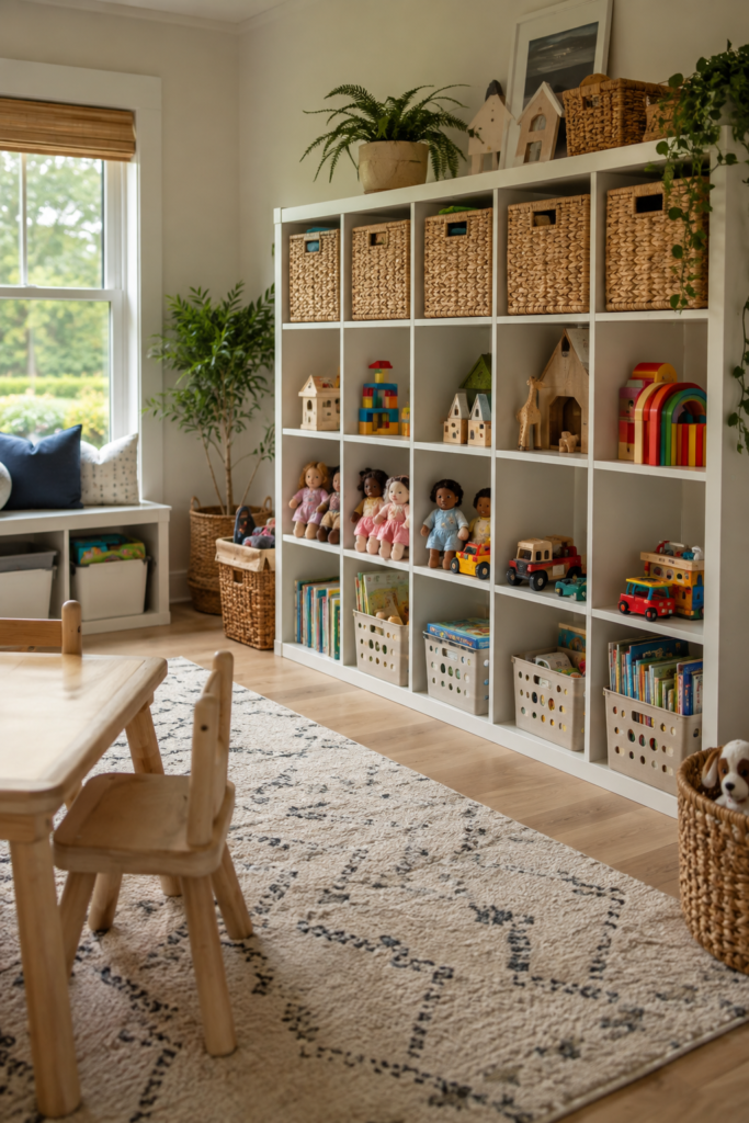 kids playroom with toys sorted by category in storage shelves and baskets