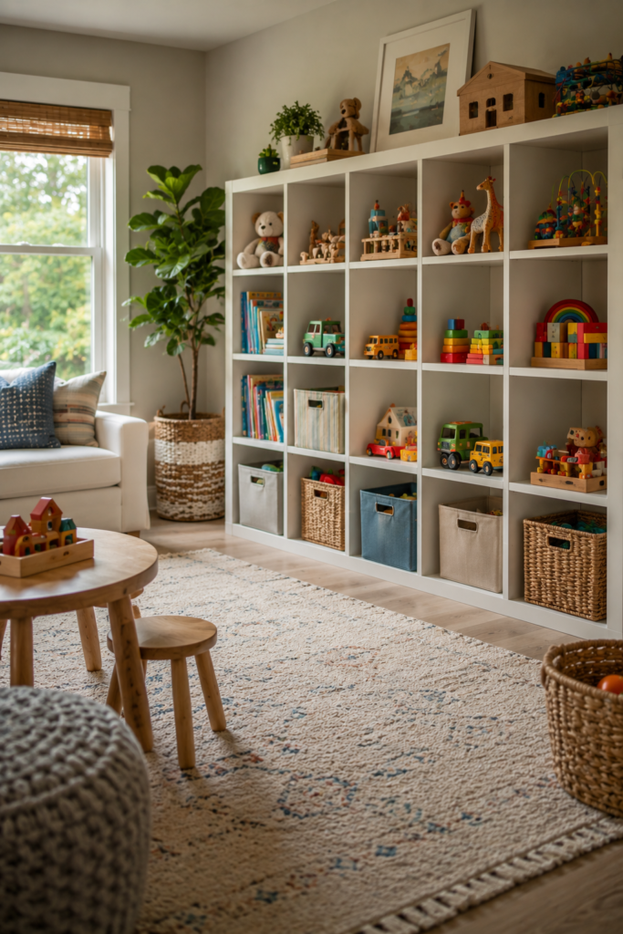 children's playroom with cube shelving and organized toy storage bins