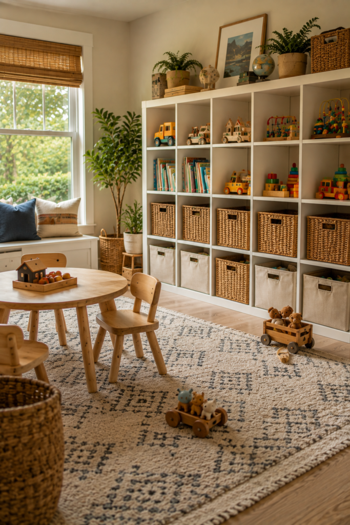 organized children's playroom with designated storage areas for toys