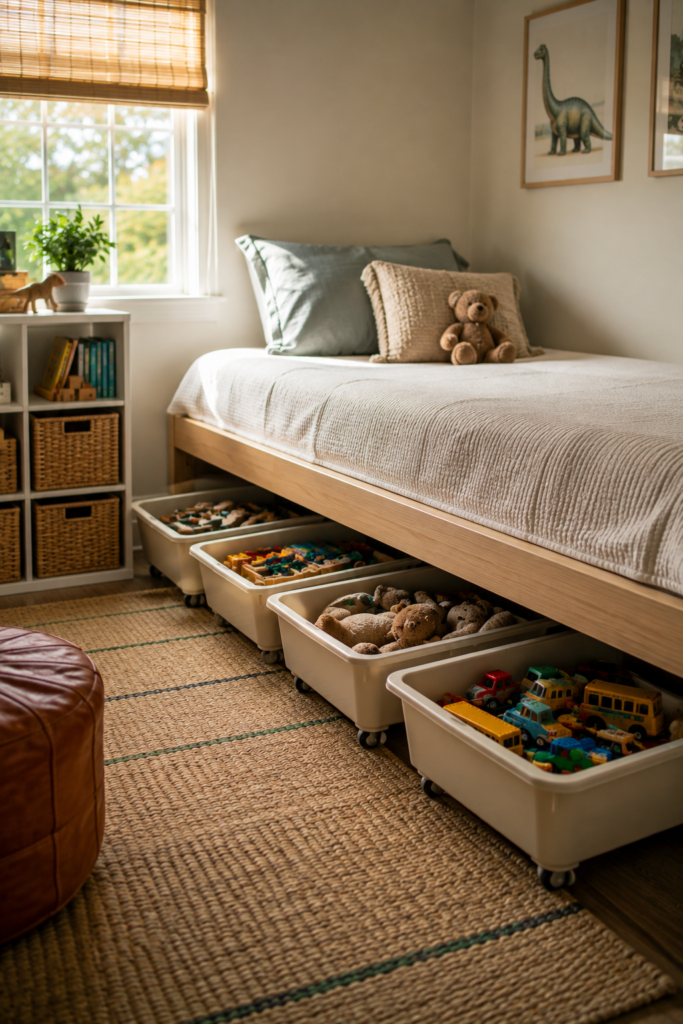 child's bedroom with under-bed storage bins for organizing toys