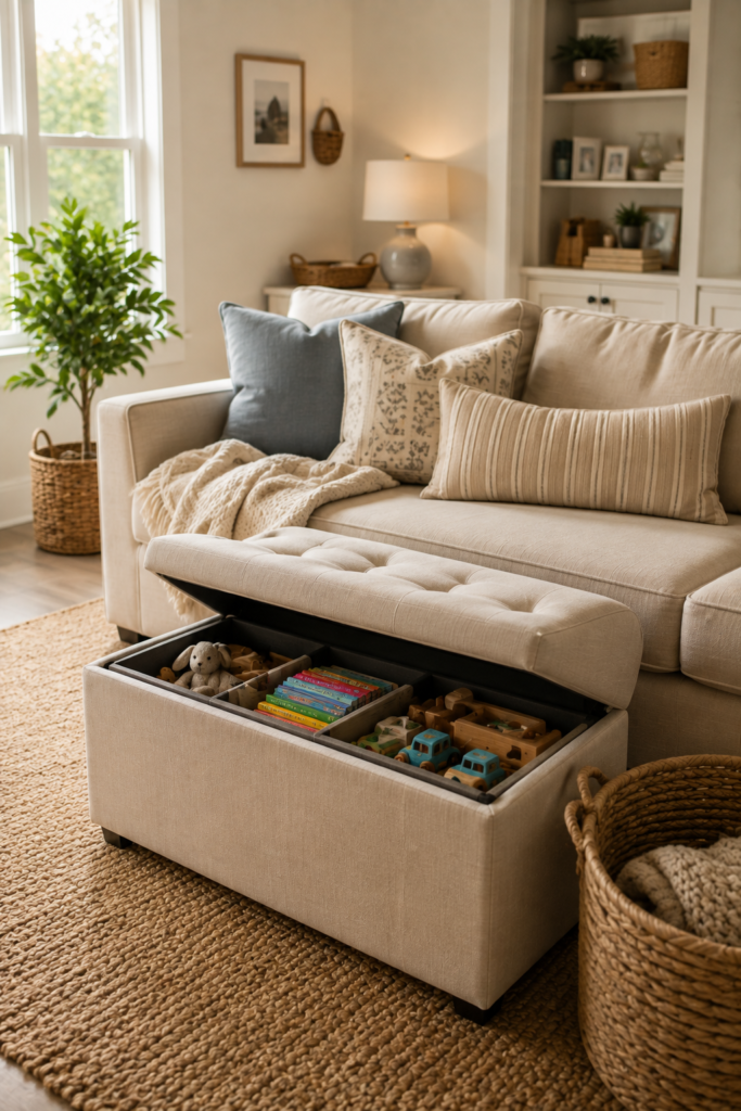 living room with storage ottoman used to organize children's toys
