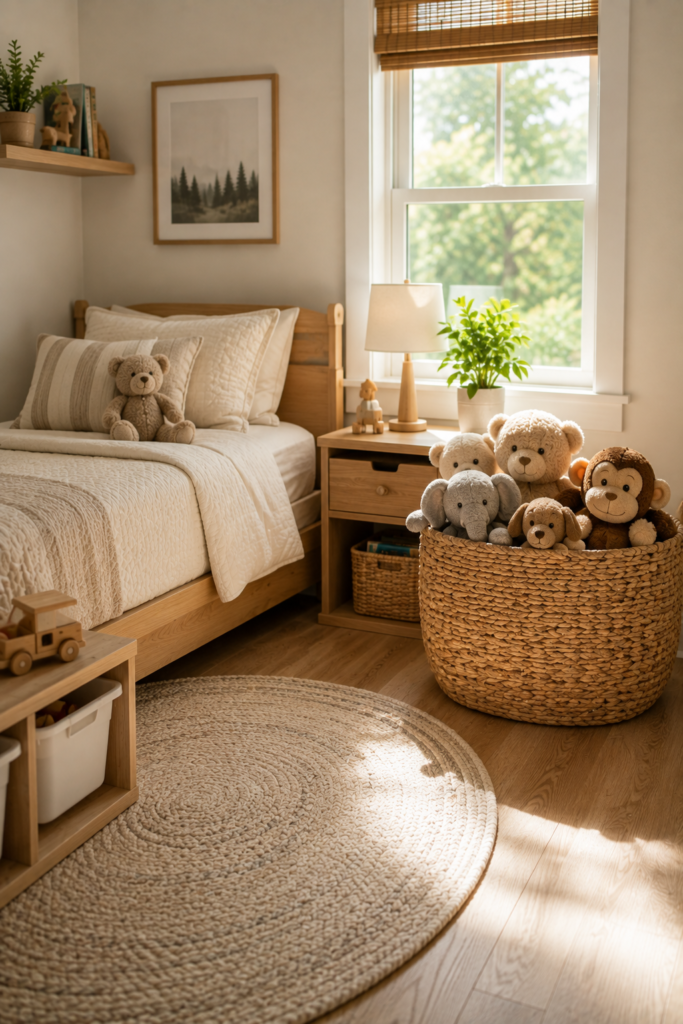 children's bedroom with stuffed animals organized in a woven storage basket