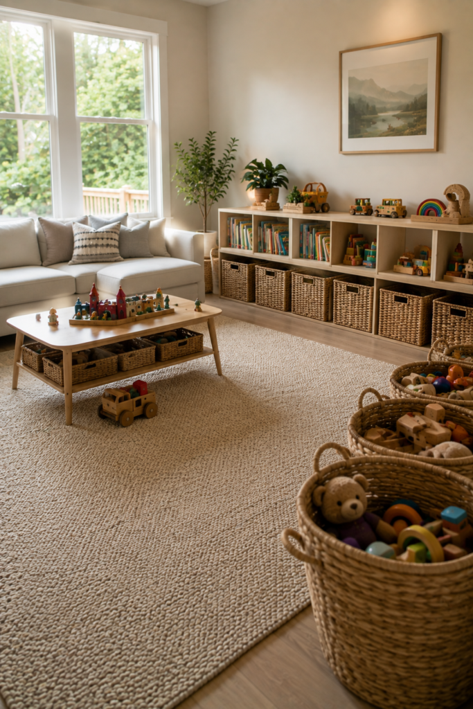 organized family playroom with open toy baskets and easy cleanup storage