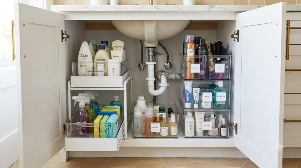 under sink bathroom organization with bins baskets and toiletries