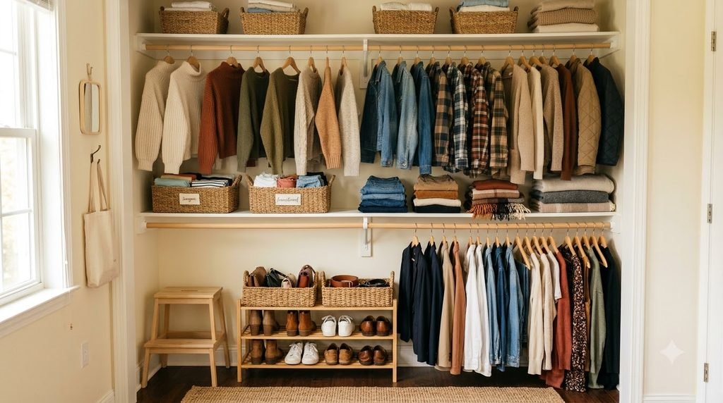 seasonal closet reset with summer storage bins and organized fall clothing
