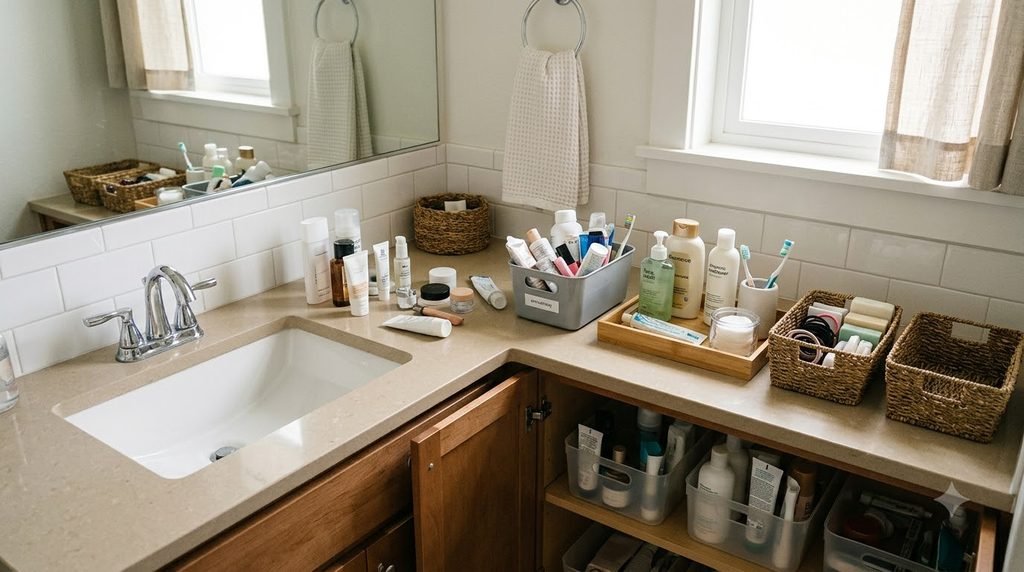 bathroom decluttering with toiletries sorted and storage baskets