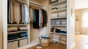 closet decluttering with organized clothing and donation basket