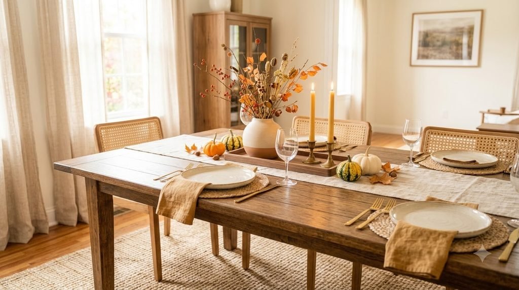 simple fall table centerpiece with dried branches candles gourds and wooden tray