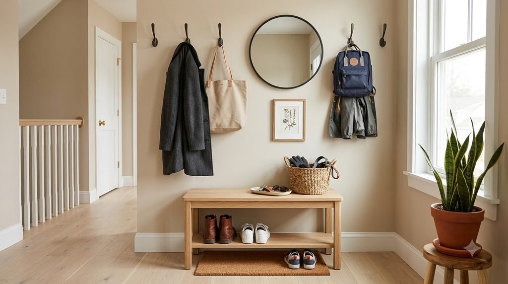 organized entryway drop zone with hooks bench baskets and shoe storage