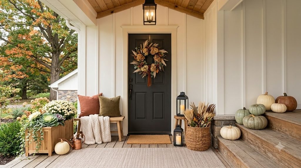 Early fall front porch with wreath, pumpkins, dried grasses and natural textures