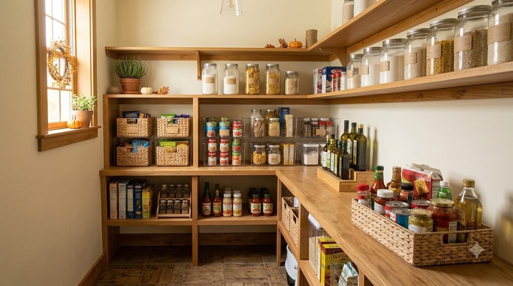 Fall pantry reset with food grouped into categories and shelves being reorganized