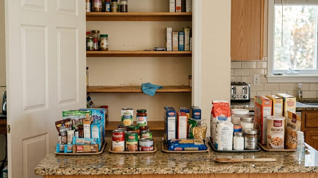 pantry decluttering with food items sorted into simple organization categories