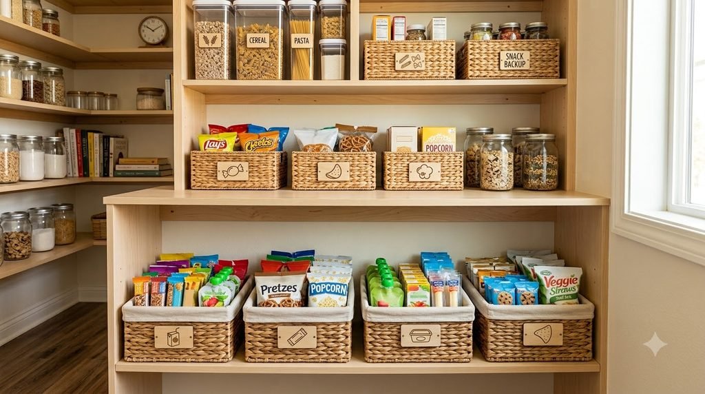 organized pantry snack zone with baskets for snacks and lunchbox foods