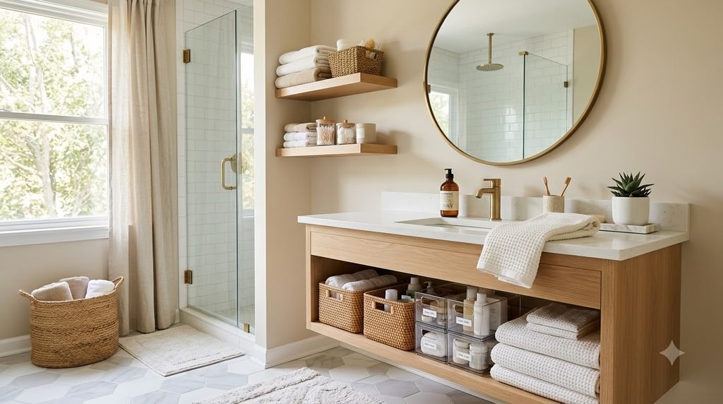 bathroom organization ideas with organized vanity towels baskets and shelves