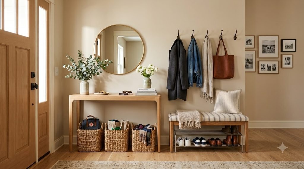 family entryway drop zone with hooks baskets backpacks jackets and shoes