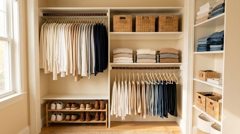 organized bedroom closet makeover with clothes shoes baskets and accessories