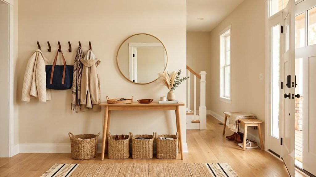 organized entryway makeover with baskets hooks shoes bench and console table