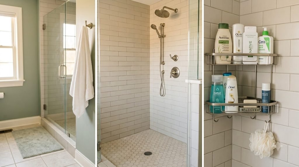 organized shower storage with neatly arranged shampoo conditioner and body wash