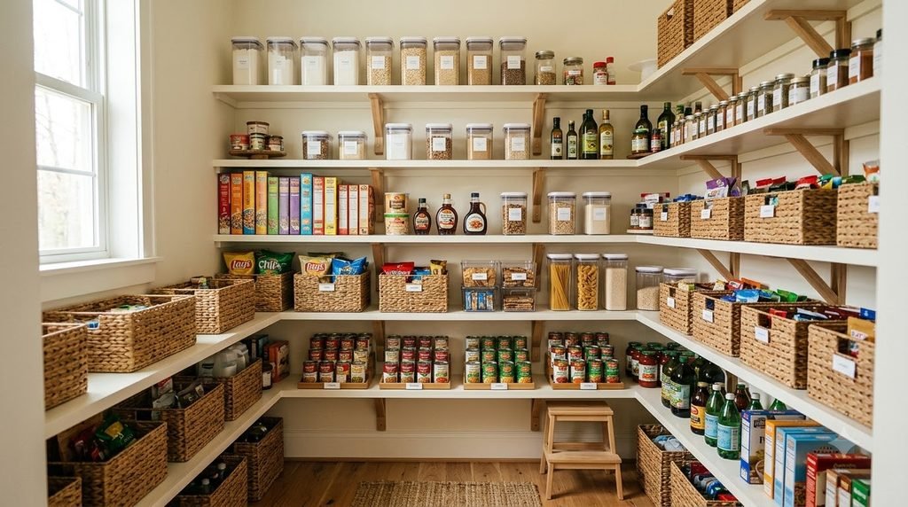 organized pantry divided into breakfast snack baking and dinner food zones