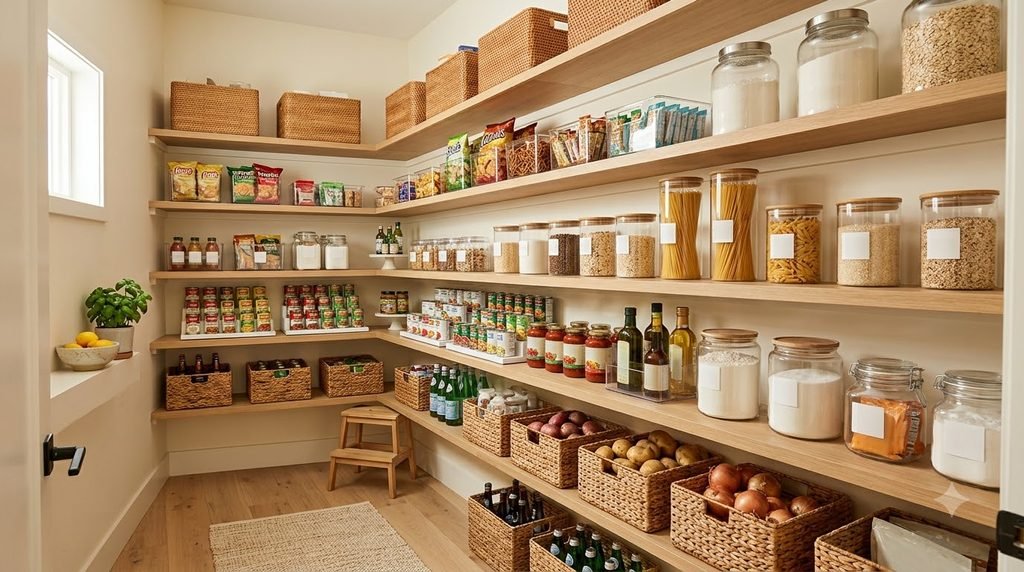 small pantry organization using vertical shelves baskets and stackable storage