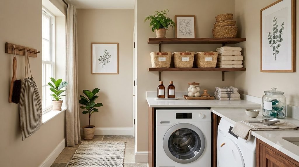 Cozy organized laundry room with warm wood shelves and woven baskets