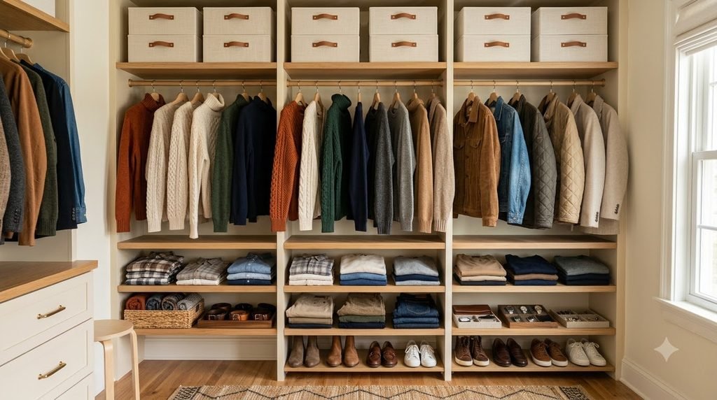 Fall-ready closet with organized sweaters, jackets, accessories and seasonal storage