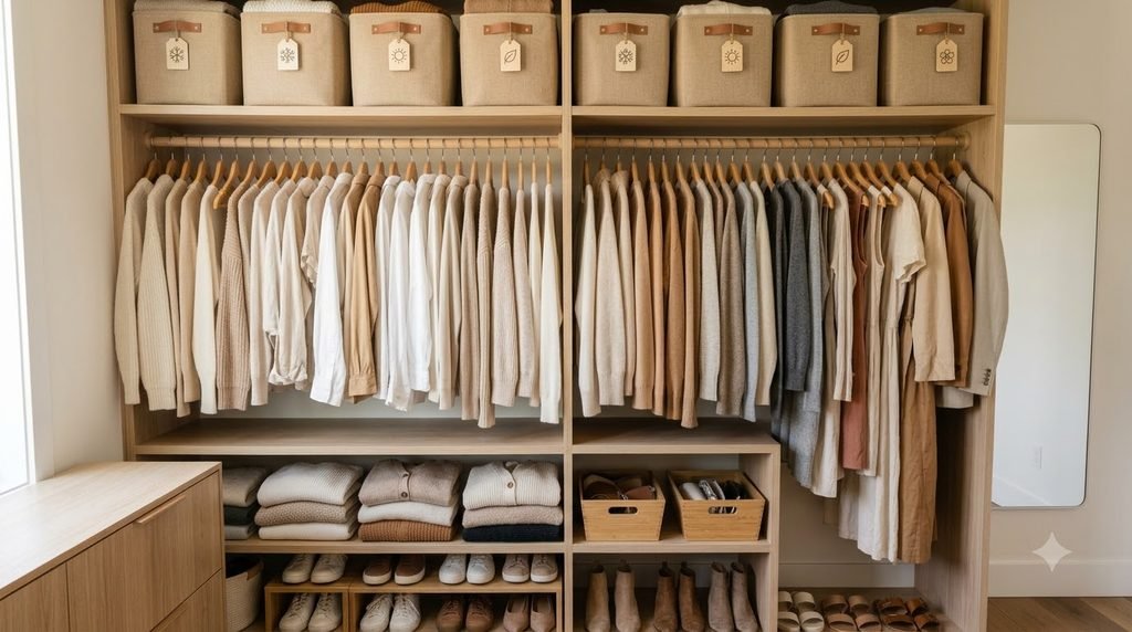 closet shelf organization with folded clothes and shelf dividers