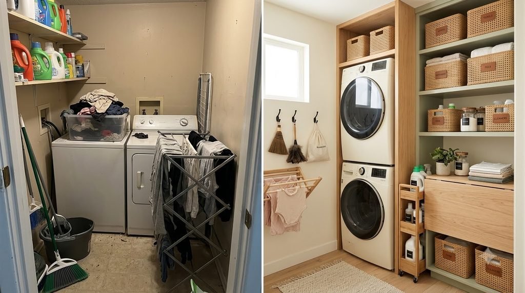 Organized small laundry room with vertical shelves, baskets, rolling cart and folding area