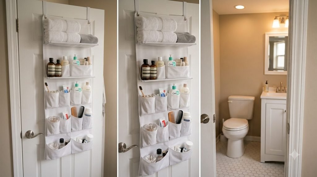 bathroom door organizer storing towels toiletries and accessories