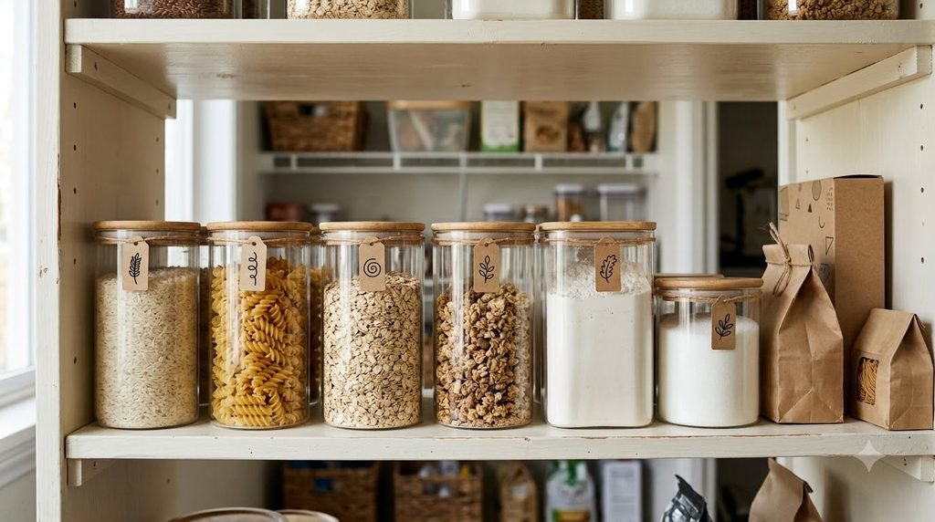clear pantry containers storing pasta rice oats flour sugar and cereal