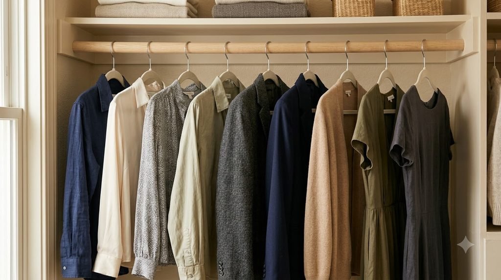 organized closet with slim matching hangers and neatly arranged clothes