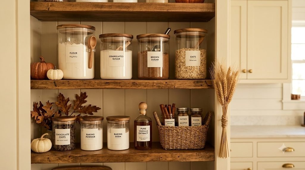 Fall baking pantry zone with flour, sugar, spices, oats and baking supplies organized together
