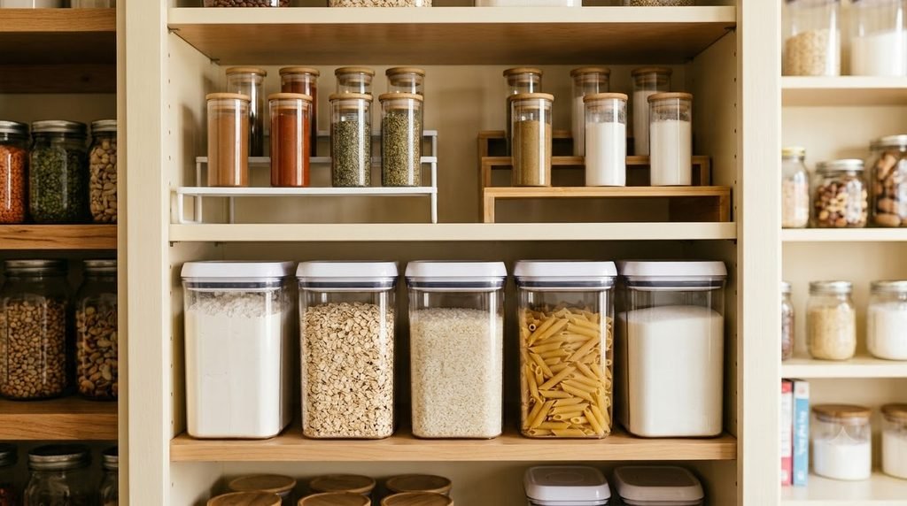 Small pantry using clear containers and shelf risers to maximize storage space