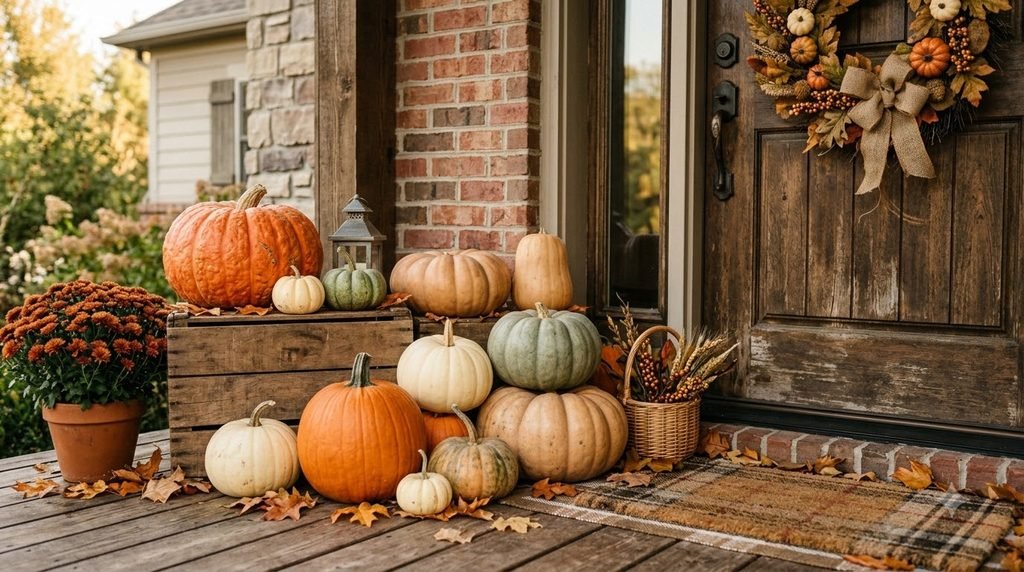 Layered pumpkin and gourd display on a cozy fall front porch