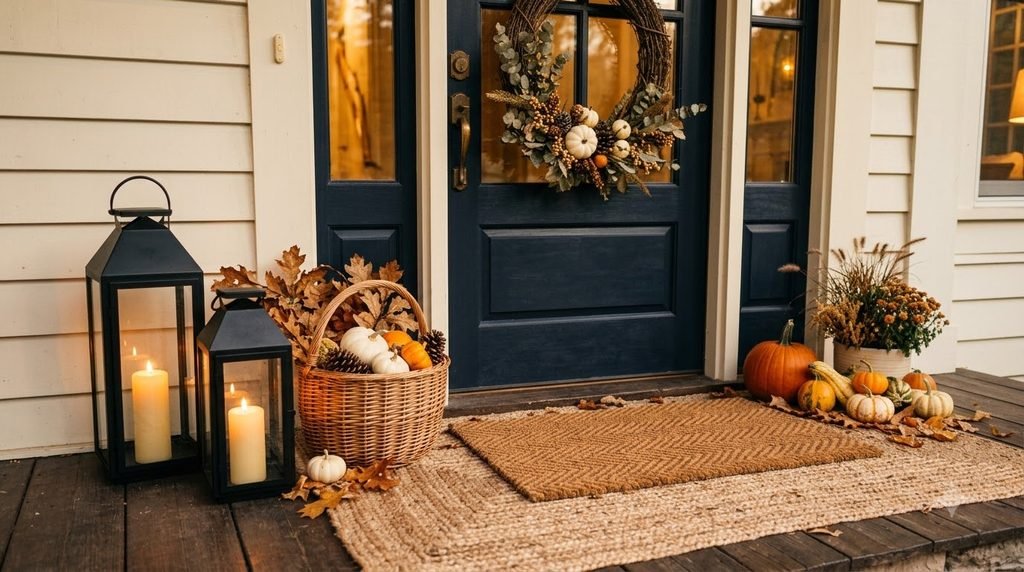 Layered fall doormat with pumpkins and warm lanterns on a front porch