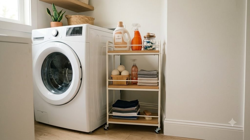 Slim rolling cart storing laundry supplies beside a washing machine