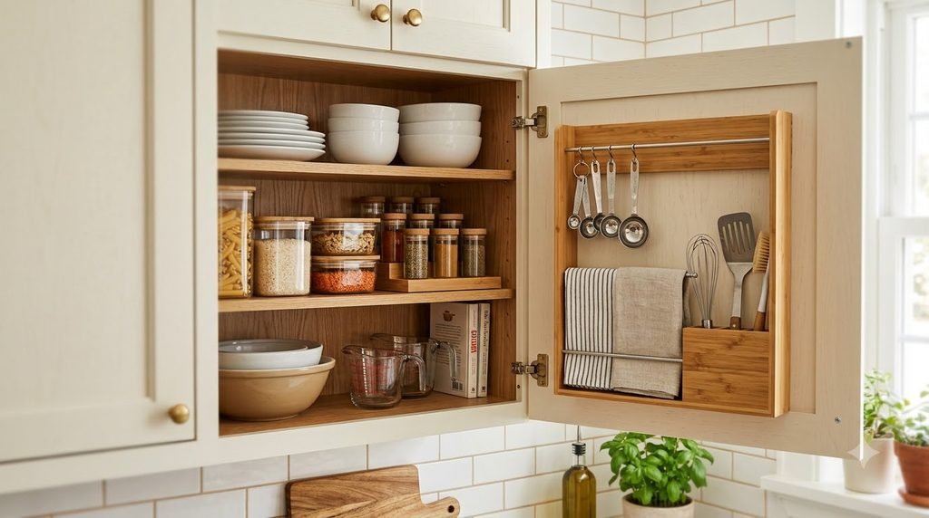 Small kitchen cabinet door used for storing measuring spoons and kitchen accessories