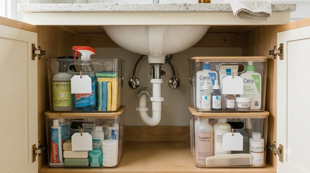 Organized under-sink bathroom vanity with storage bins for toiletries and cleaning supplies