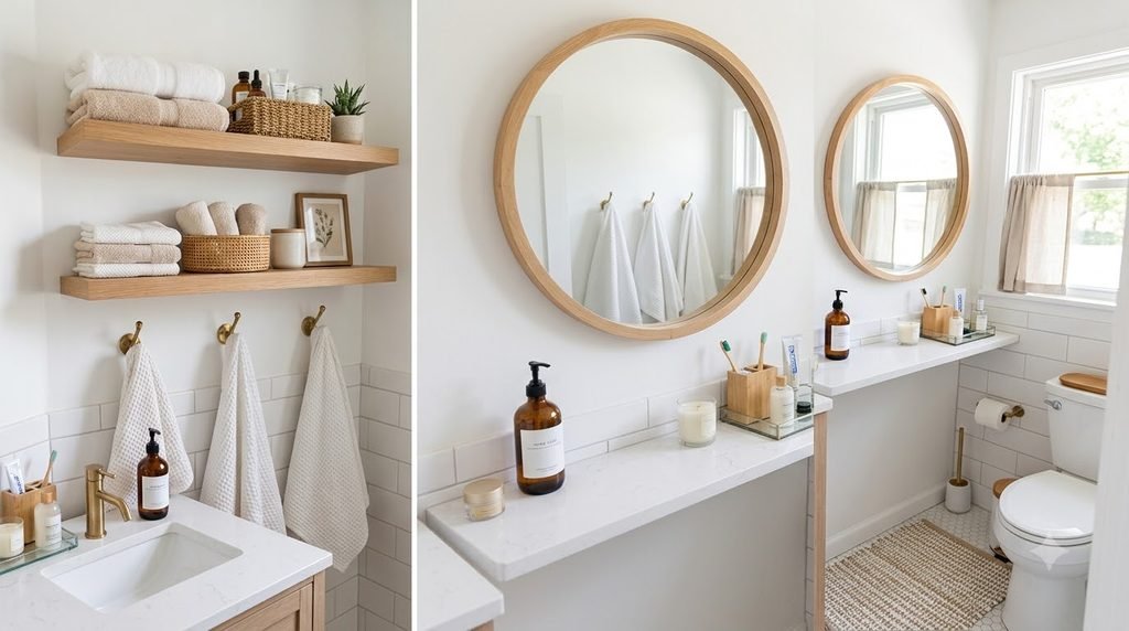 small bathroom using vertical wall storage with shelves baskets and towels