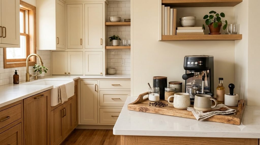 Small kitchen with clear countertops and an organized coffee station