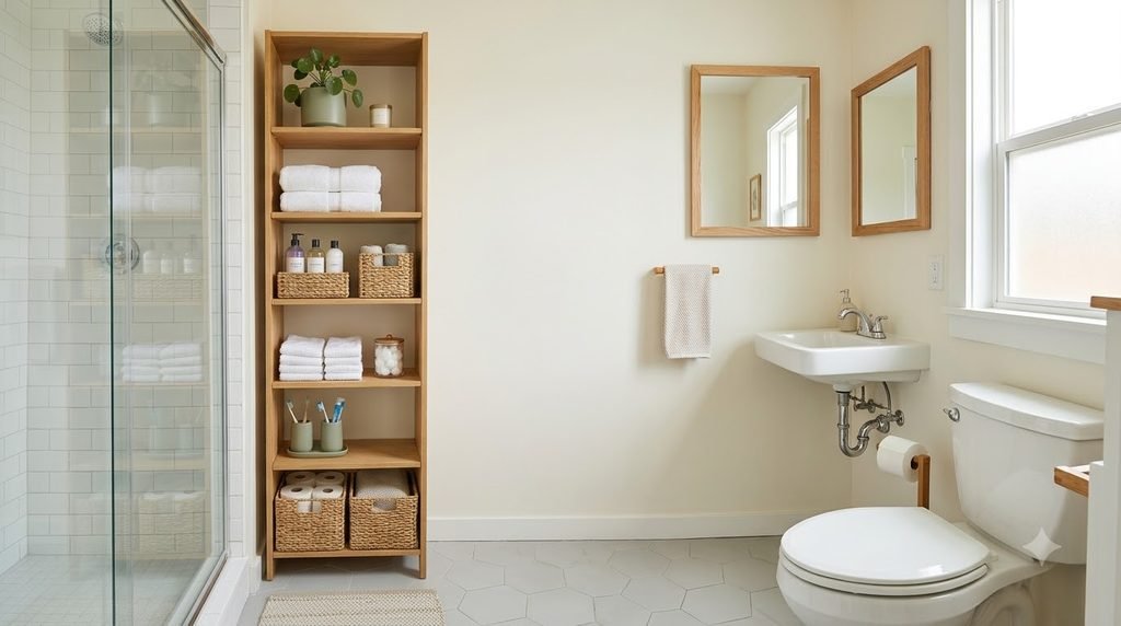 Small bathroom with tall vertical shelving for towels, toiletries and storage baskets