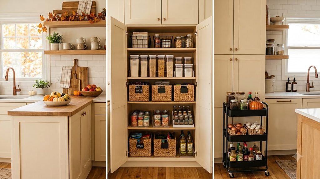 Small kitchen pantry created inside a tall cabinet with baskets and shelf risers